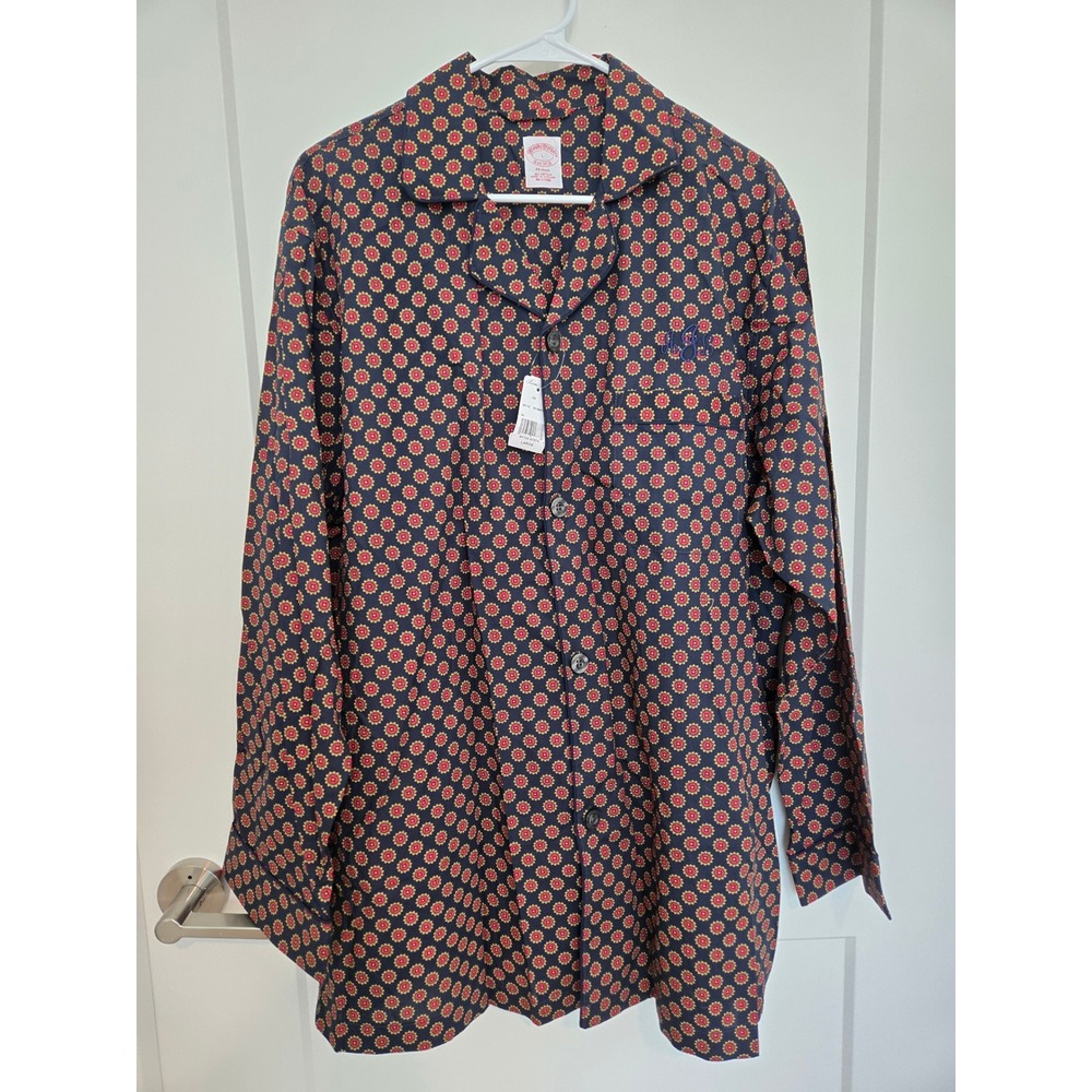 Brooks Brothers Mens Cotton Pajama Top Navy Red Floral Medallion Monogram Large